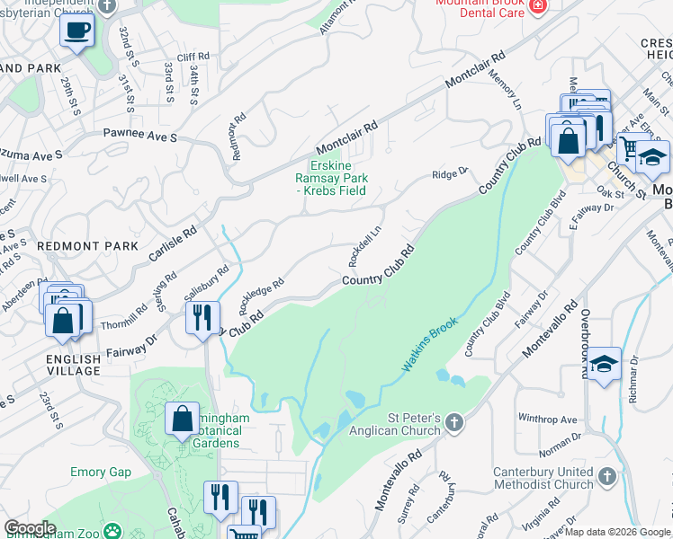 map of restaurants, bars, coffee shops, grocery stores, and more near 3246 Country Club Road in Birmingham