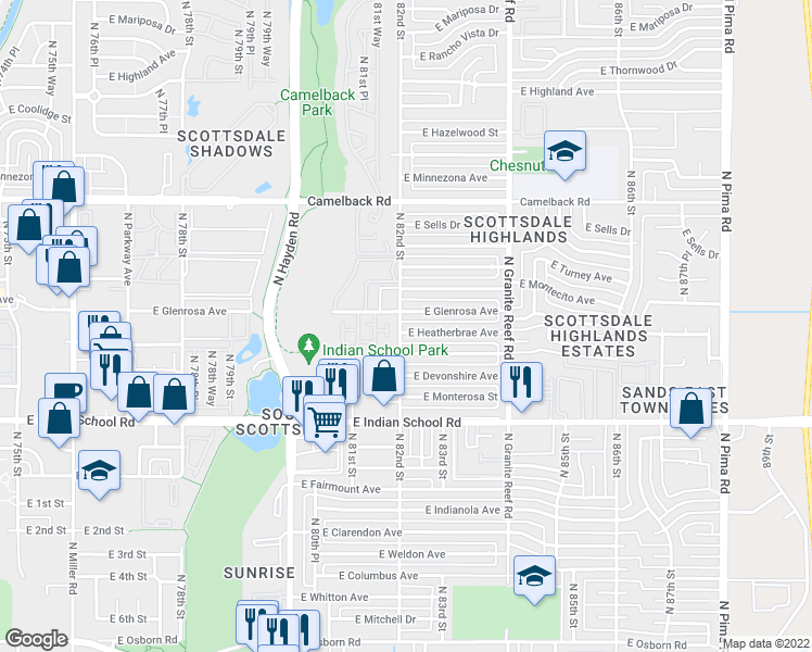 map of restaurants, bars, coffee shops, grocery stores, and more near 8204 East Heatherbrae Avenue in Scottsdale