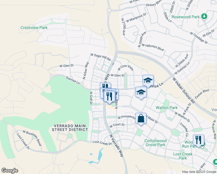 map of restaurants, bars, coffee shops, grocery stores, and more near 21104 West Sunrise Lane in Buckeye
