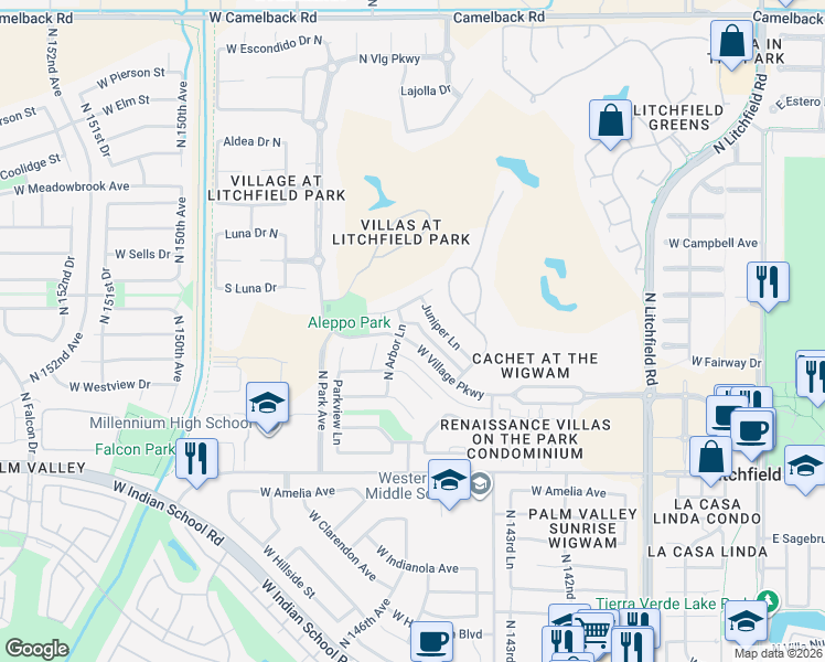 map of restaurants, bars, coffee shops, grocery stores, and more near 842 West Village Parkway in Litchfield Park