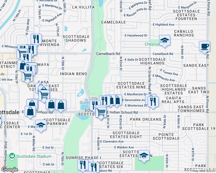 map of restaurants, bars, coffee shops, grocery stores, and more near 4279 North 81st Street in Scottsdale