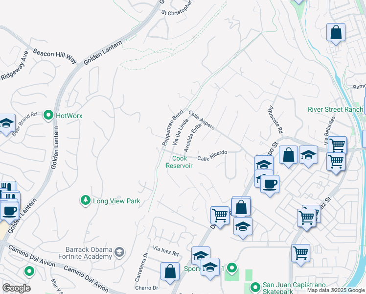 map of restaurants, bars, coffee shops, grocery stores, and more near 32005 Avenida Evita in San Juan Capistrano