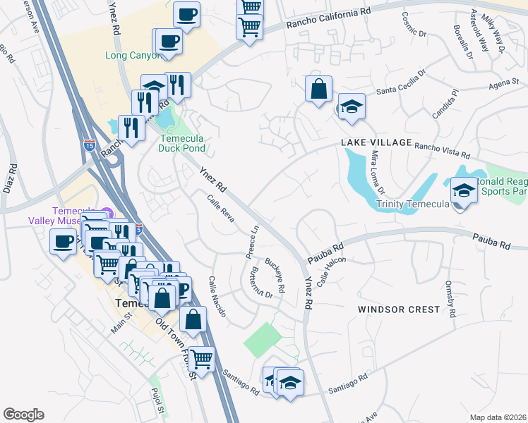 map of restaurants, bars, coffee shops, grocery stores, and more near 42772 Portraits Lane in Temecula