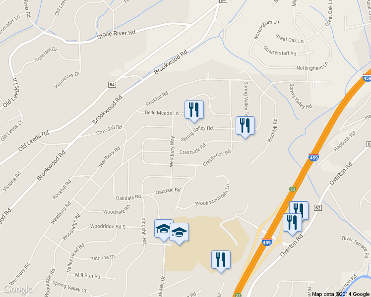 map of restaurants, bars, coffee shops, grocery stores, and more near 3632 Crestside Road in Birmingham