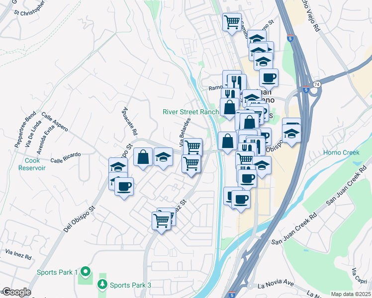 map of restaurants, bars, coffee shops, grocery stores, and more near 31982 Via Belardes in San Juan Capistrano