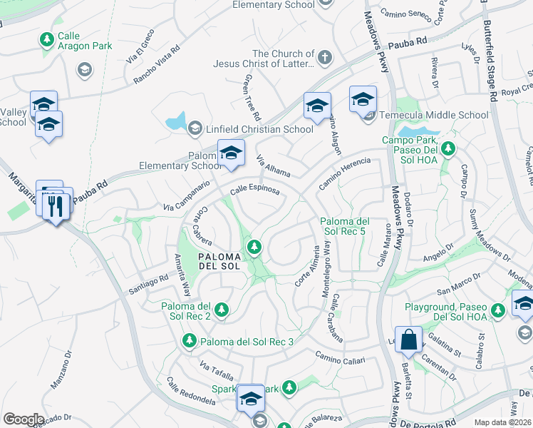 map of restaurants, bars, coffee shops, grocery stores, and more near 43025 Corte Salamanca in Temecula
