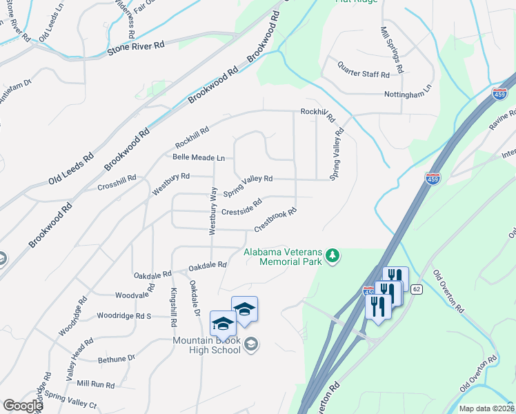 map of restaurants, bars, coffee shops, grocery stores, and more near 3653 Crestside Road in Birmingham