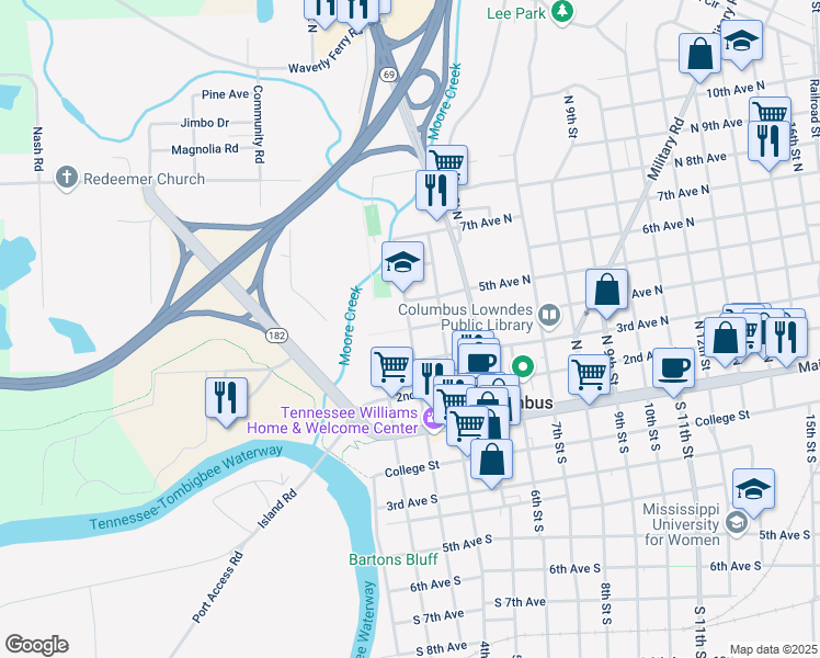 map of restaurants, bars, coffee shops, grocery stores, and more near North 3rd Street in Columbus