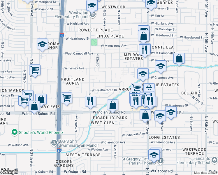 map of restaurants, bars, coffee shops, grocery stores, and more near 2134 West Heatherbrae Drive in Phoenix