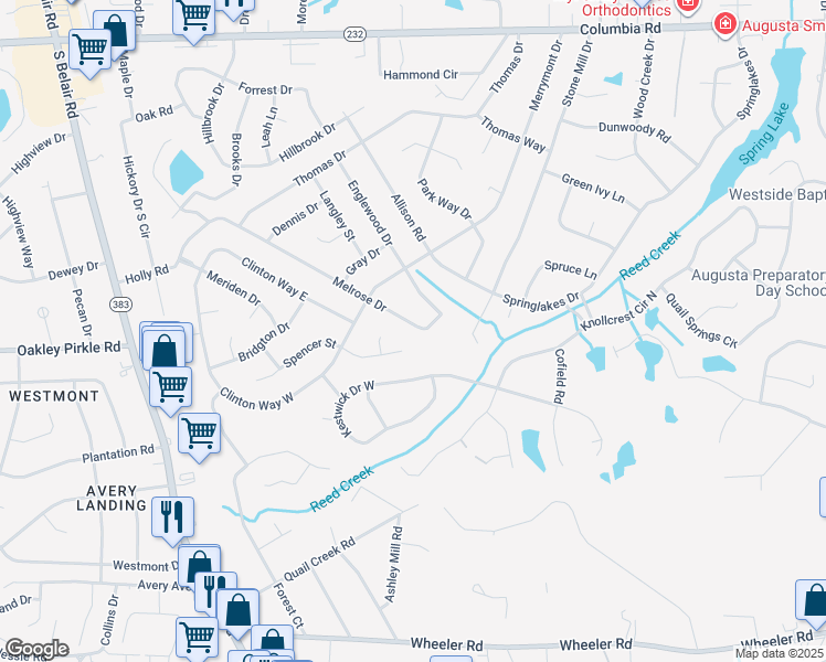 map of restaurants, bars, coffee shops, grocery stores, and more near 4085 Melrose Drive in Augusta