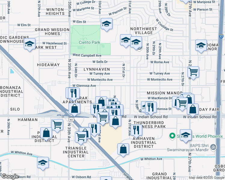 map of restaurants, bars, coffee shops, grocery stores, and more near 4242 North 32nd Avenue in Phoenix