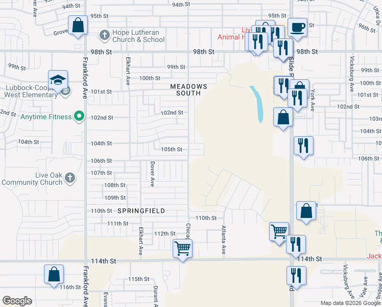 map of restaurants, bars, coffee shops, grocery stores, and more near 5411 105th Street in Lubbock