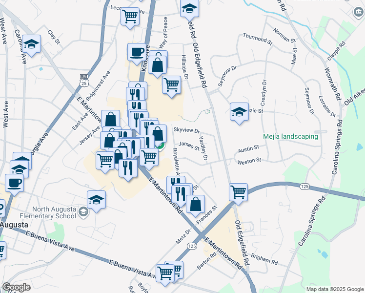 map of restaurants, bars, coffee shops, grocery stores, and more near 1003 James Street in North Augusta