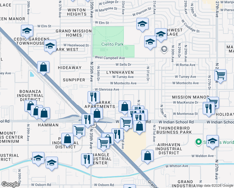 map of restaurants, bars, coffee shops, grocery stores, and more near 4226 North 33rd Drive in Phoenix