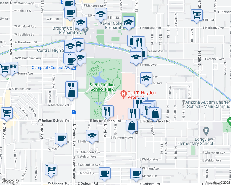 map of restaurants, bars, coffee shops, grocery stores, and more near Farm Rd in Phoenix