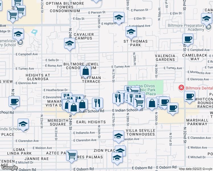 map of restaurants, bars, coffee shops, grocery stores, and more near 4241 North 26th Street in Phoenix
