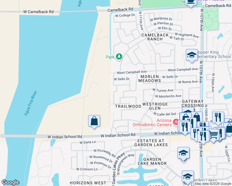 map of restaurants, bars, coffee shops, grocery stores, and more near 11305 West Turney Avenue in Phoenix