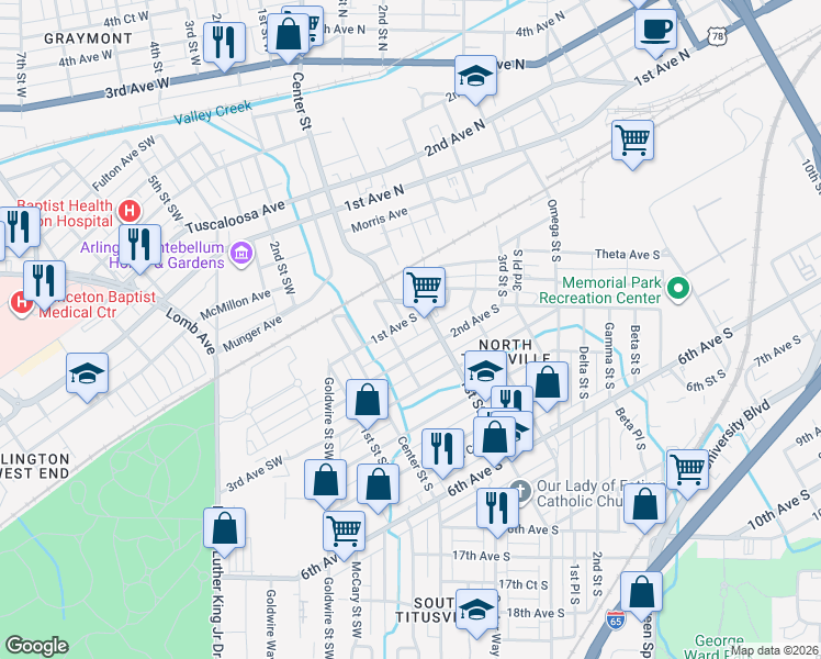 map of restaurants, bars, coffee shops, grocery stores, and more near 53 1st Avenue Southwest in Birmingham