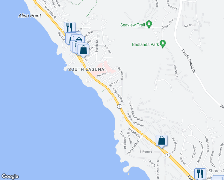 map of restaurants, bars, coffee shops, grocery stores, and more near 31985 Virginia Way in Laguna Beach