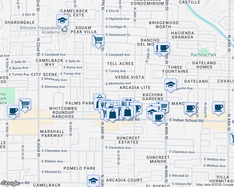 map of restaurants, bars, coffee shops, grocery stores, and more near 3643 East Glenrosa Avenue in Phoenix