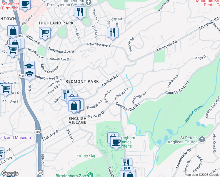 map of restaurants, bars, coffee shops, grocery stores, and more near 3036 Sterling Road in Birmingham