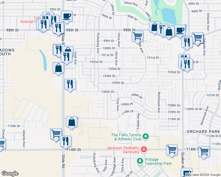 map of restaurants, bars, coffee shops, grocery stores, and more near 10505 Uxbridge Avenue in Lubbock