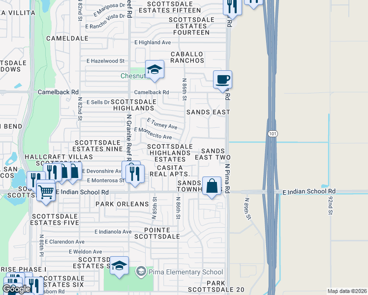 map of restaurants, bars, coffee shops, grocery stores, and more near 8608 East Heatherbrae Avenue in Scottsdale