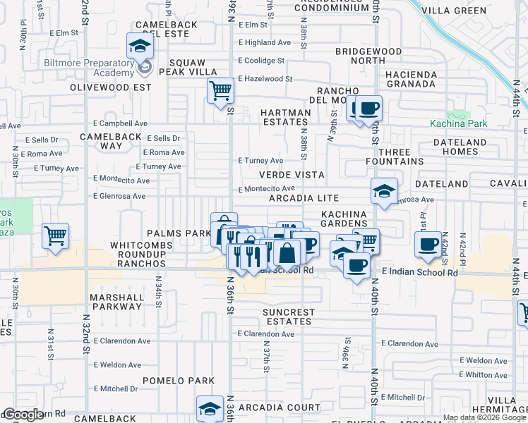 map of restaurants, bars, coffee shops, grocery stores, and more near 3643 East Glenrosa Avenue in Phoenix
