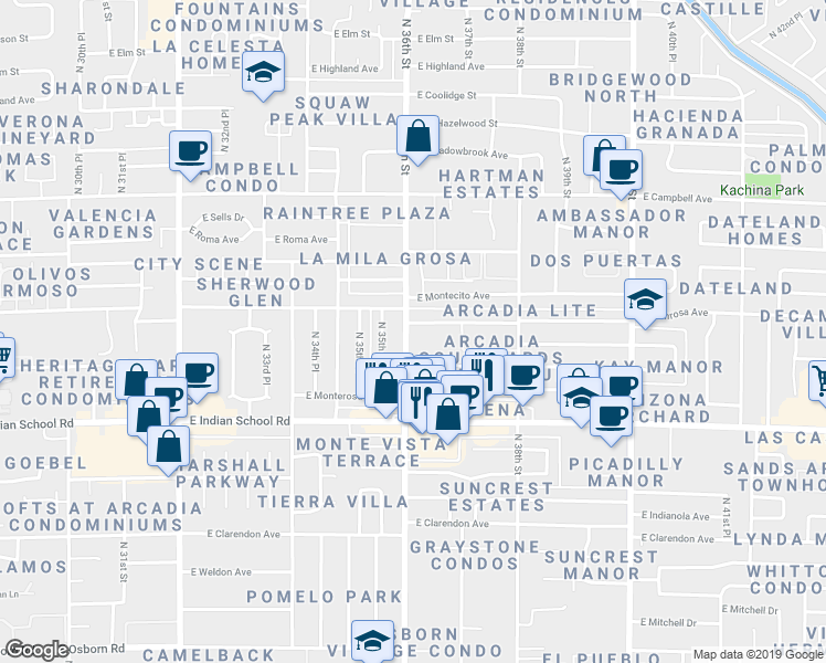 map of restaurants, bars, coffee shops, grocery stores, and more near 3615 East Glenrosa Avenue in Phoenix