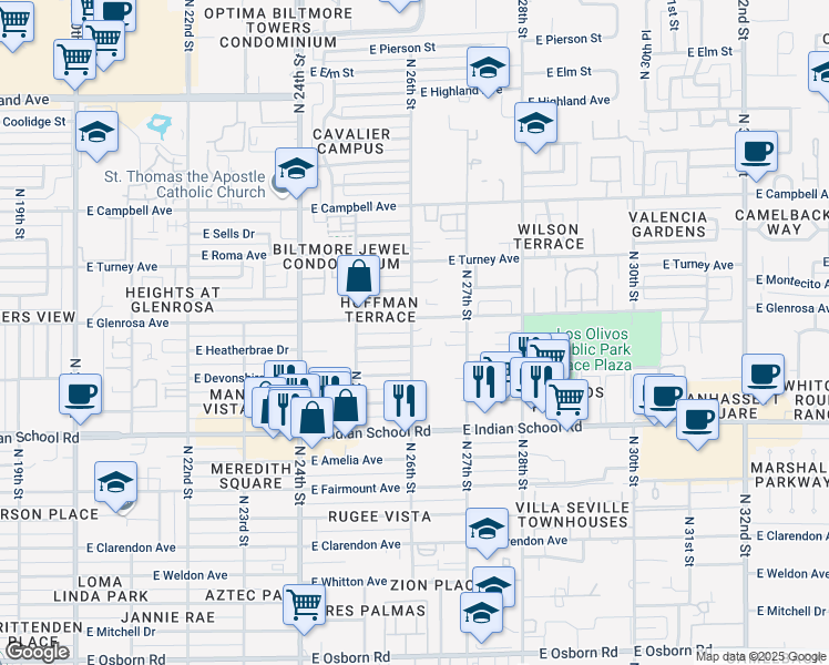 map of restaurants, bars, coffee shops, grocery stores, and more near 2546 East Heatherbrae Drive in Phoenix
