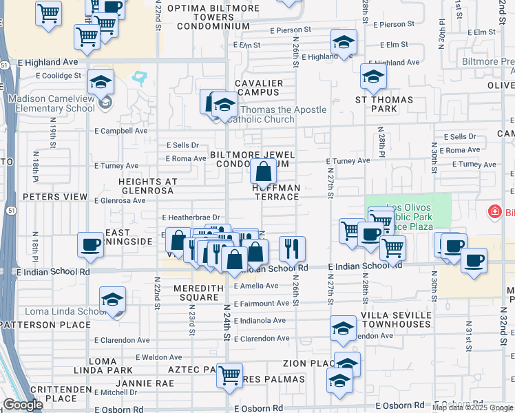map of restaurants, bars, coffee shops, grocery stores, and more near 4242-4250 North 25th Street in Phoenix