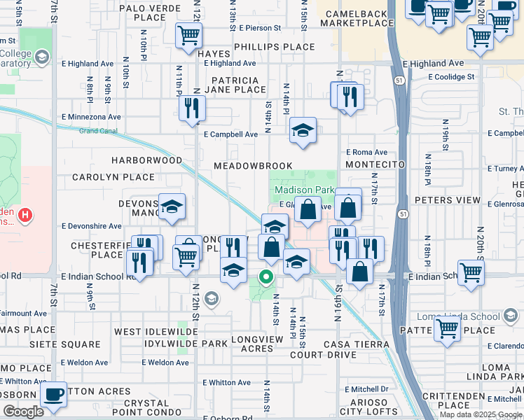 map of restaurants, bars, coffee shops, grocery stores, and more near 4302 North 13th Place in Phoenix