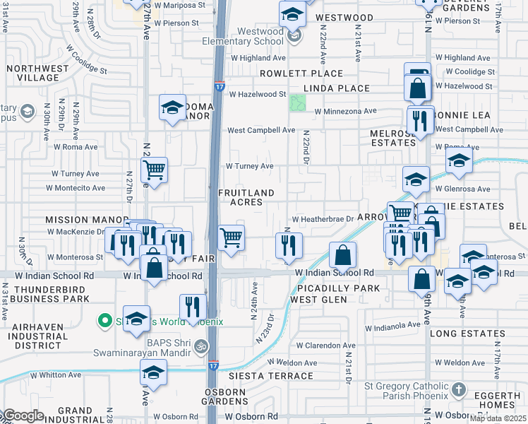 map of restaurants, bars, coffee shops, grocery stores, and more near 2333 West Glenrosa Avenue in Phoenix