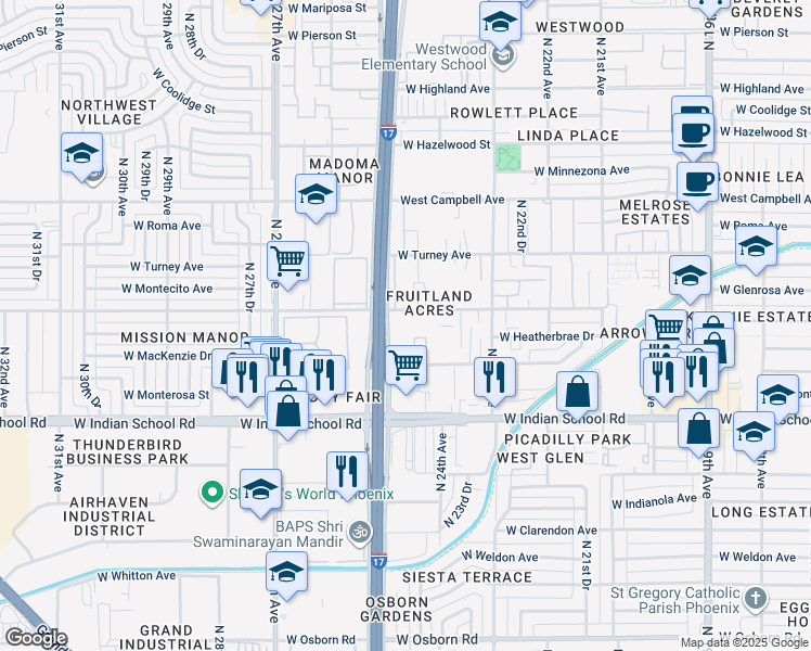 map of restaurants, bars, coffee shops, grocery stores, and more near 2421 West Glenrosa Avenue in Phoenix