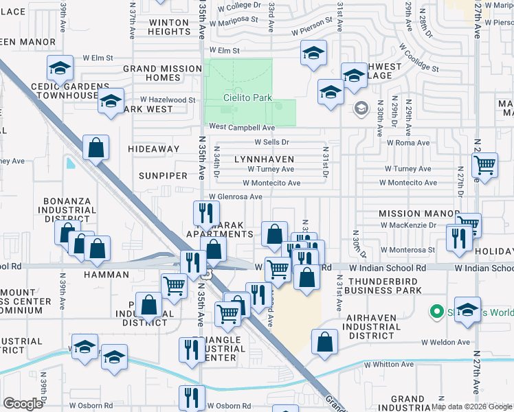map of restaurants, bars, coffee shops, grocery stores, and more near 4226 North 33rd Drive in Phoenix