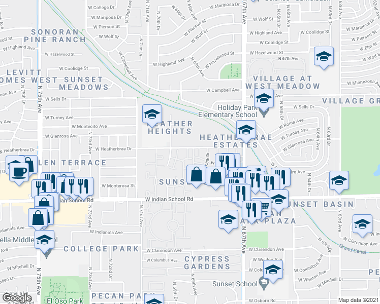 map of restaurants, bars, coffee shops, grocery stores, and more near 4258 North 68th Lane in Phoenix