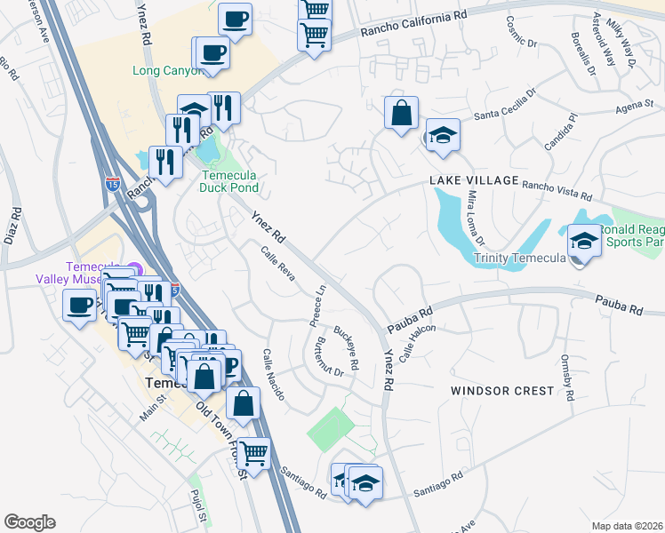 map of restaurants, bars, coffee shops, grocery stores, and more near 42772 Portraits Lane in Temecula