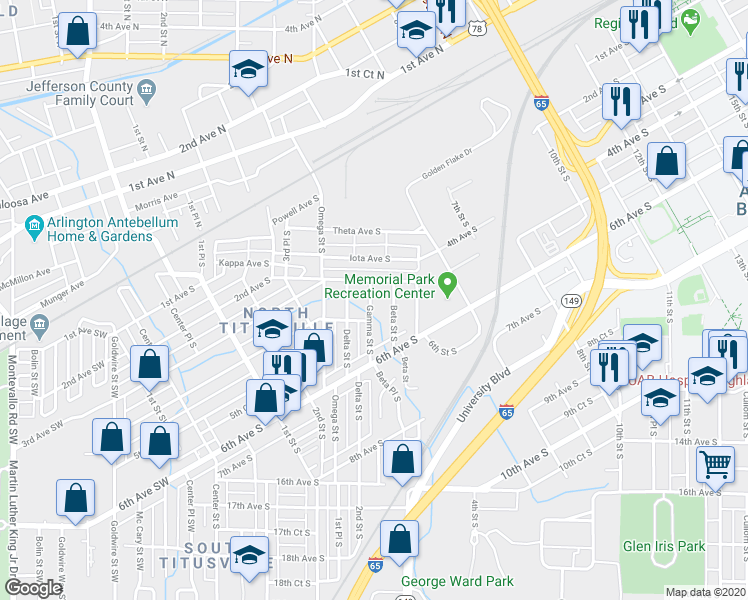 map of restaurants, bars, coffee shops, grocery stores, and more near 320 Gamma Street South in Birmingham