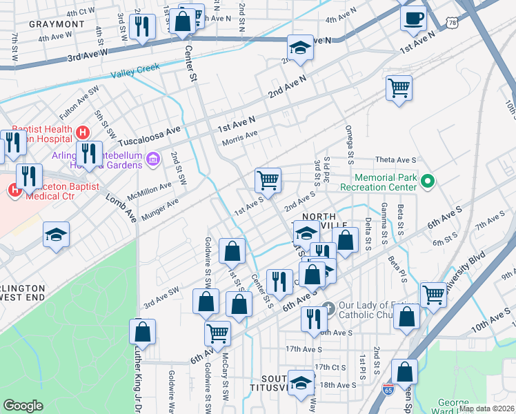 map of restaurants, bars, coffee shops, grocery stores, and more near 53 1st Avenue South in Birmingham