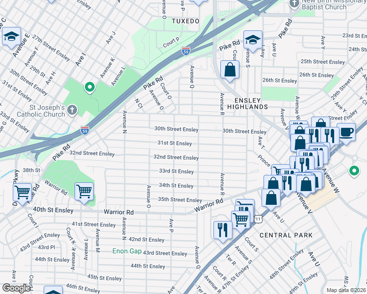 map of restaurants, bars, coffee shops, grocery stores, and more near 1615 31st Street Ensley in Birmingham