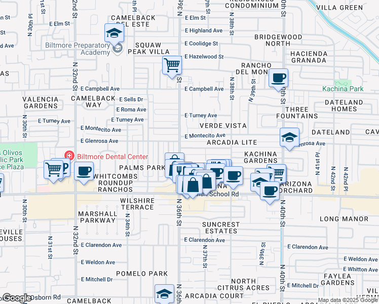 map of restaurants, bars, coffee shops, grocery stores, and more near 3615 East Glenrosa Avenue in Phoenix