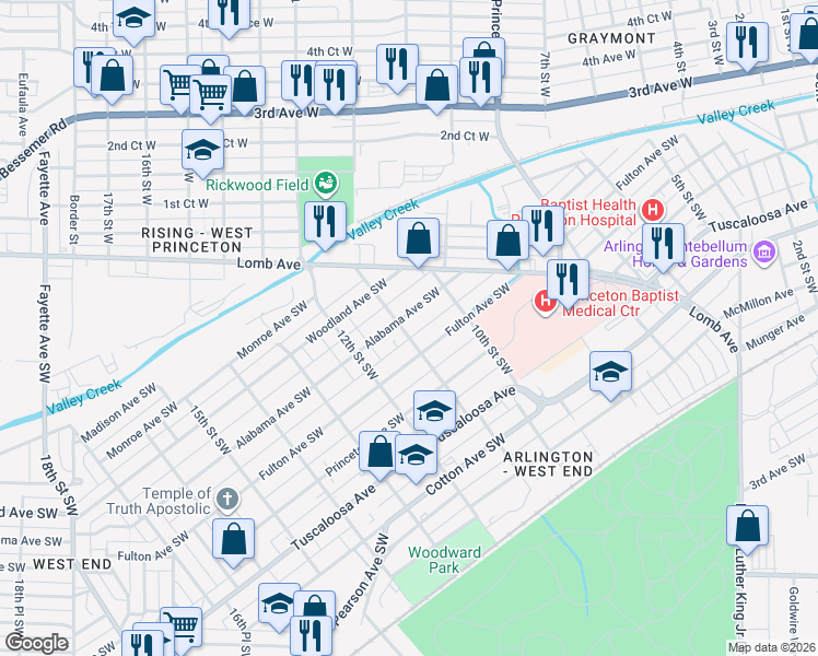 map of restaurants, bars, coffee shops, grocery stores, and more near 404 11th Street Southwest in Birmingham