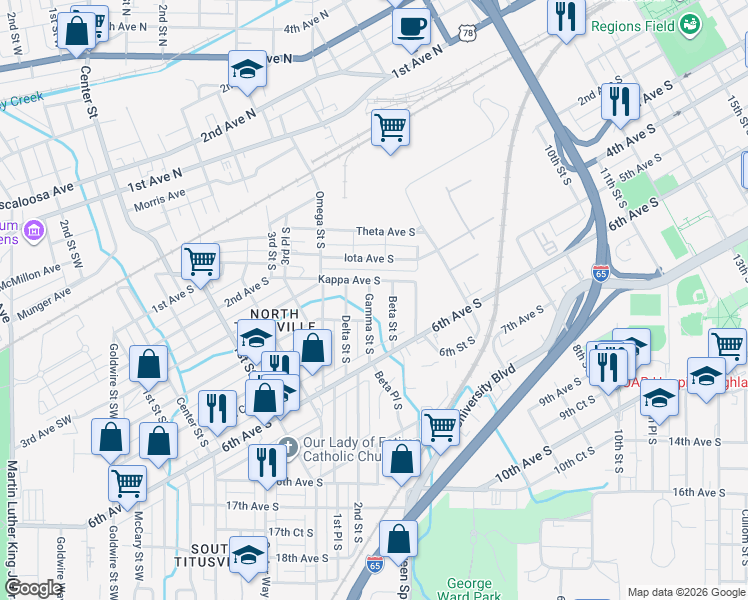 map of restaurants, bars, coffee shops, grocery stores, and more near 320 Gamma Street South in Birmingham