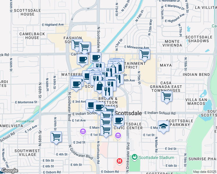map of restaurants, bars, coffee shops, grocery stores, and more near 4251 North Brown Avenue in Scottsdale