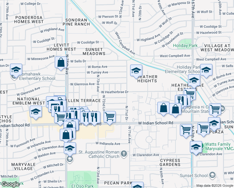 map of restaurants, bars, coffee shops, grocery stores, and more near 7147 West Heatherbrae Drive in Phoenix