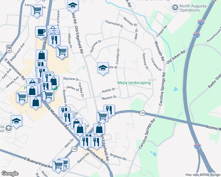 map of restaurants, bars, coffee shops, grocery stores, and more near 1130 Austin Street in North Augusta