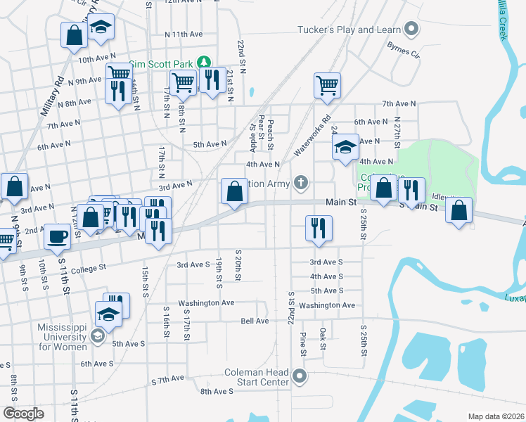 map of restaurants, bars, coffee shops, grocery stores, and more near 123 21st Street North in Columbus