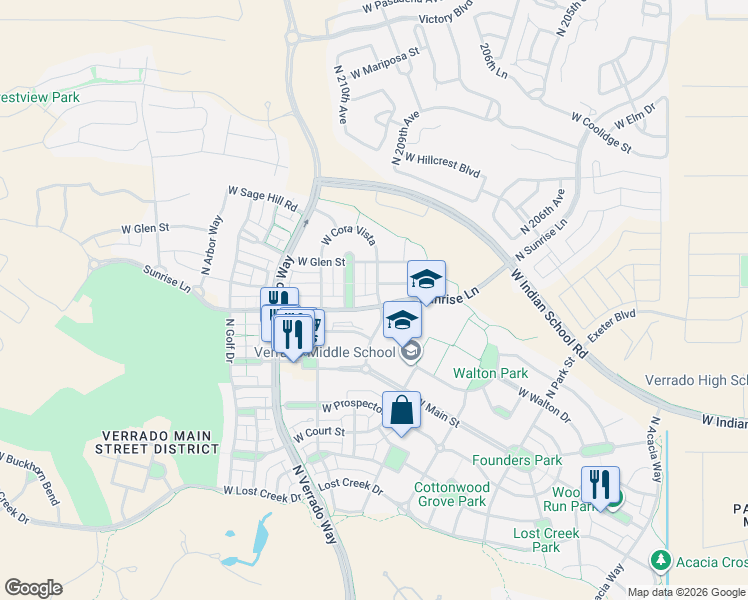 map of restaurants, bars, coffee shops, grocery stores, and more near 20898 West Sunrise Lane in Buckeye