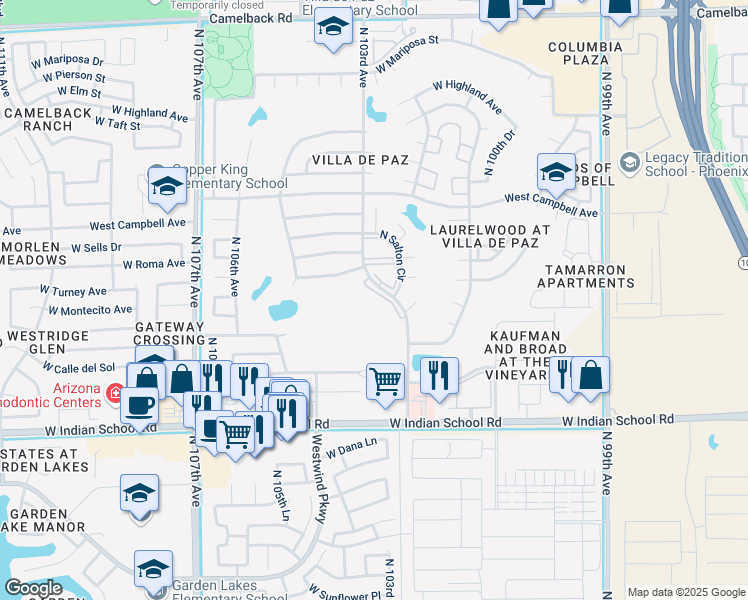 map of restaurants, bars, coffee shops, grocery stores, and more near 4380 North 103rd Avenue in Phoenix