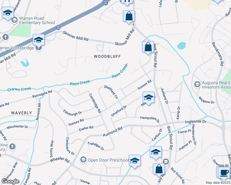 map of restaurants, bars, coffee shops, grocery stores, and more near 438 Sheffield Circle in Augusta